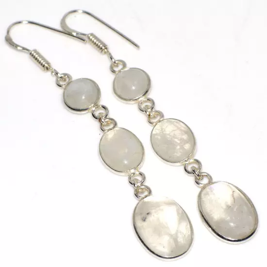 Rainbow Moonstone 925 Silver Plated Long Gemstone Handmade Earrings 2.7" GW