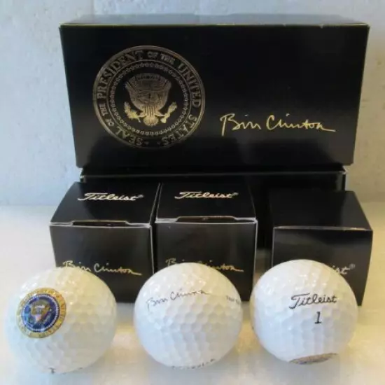 3 OFFICIAL BILL CLINTON PRESIDENTIAL GOLF BALLS-EACH BOXED AND A GIFT BOX FOR 3