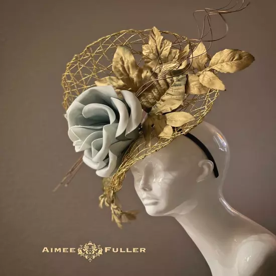 Aimee Fuller Kentucky Derby Hat Ascot Fascinator Gold Pink White Rose Del Mar