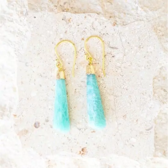 Amazonite Gemstone Geometric Drop Gold Dangle Earrings Gift For Her Turquoise