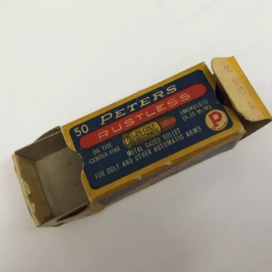 RARE VINTAGE THE PETERS CARTRIDGE CO RUSTLESS 25 COLT AUTOMATIC CARTRIDGE BOX 