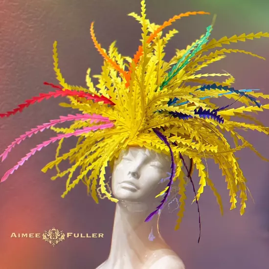 Aimee Fuller Kentucky Derby Fascinator Big Hat Rainbow Yellow Red Royal Ascot