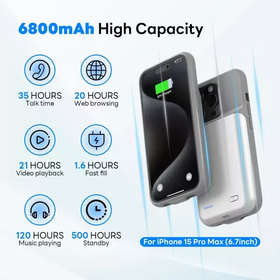 Battery Case Charger for iPhone 15 Pro Max 6.7inch 6800mAh C Ultra Slim