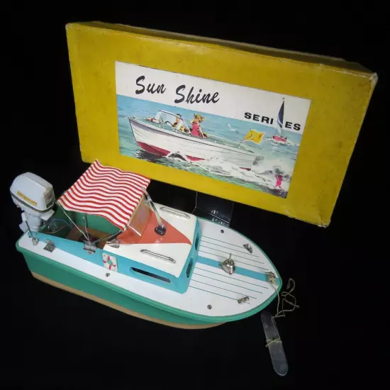 VINTAGE 1960's BANDAI JAPAN 13" SUN SHINE SERIES WOOD & PL BOAT W OUTBOARD BOXED