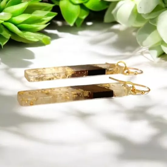 Bohemian Gold Flake Resin & Wood Bar Earrings NEW