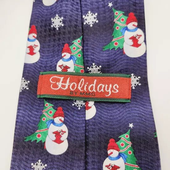 Snowman with Gift Christmas Winter Holiday Wavy Print Blue Vintage Silk Necktie