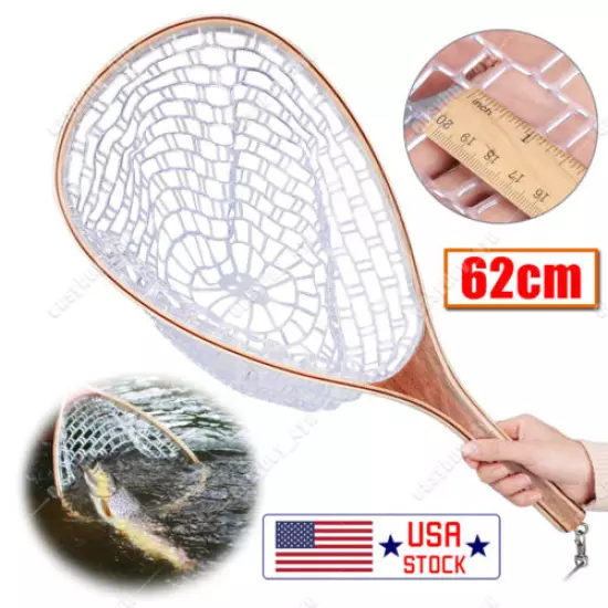 Fly Fishing Landing Net Wooden Handle Rubber Mesh Trout Catch Release Net 62cm