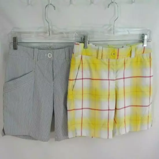 Lot of 2 Nike Size 2 27" Golf Dri-Fit Shorts Stripe Plaid Yellow Grey White