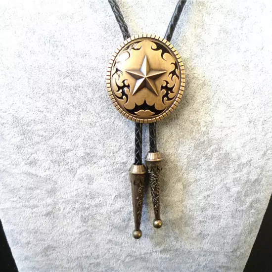 Vintage Bolo Tie Western Cowboy Texas Ranger Star Mens Wedding Necklace Alloy