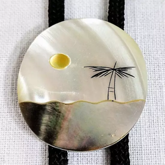 Vtg. Mother Of Pearl Bolo Tie Landscape Beach Scene West Coast Retro Accessory 