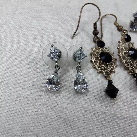 Lot Of 5 Vintage & Modern Costume Rhinestone Earrings Dangle Hoop Silver Tone