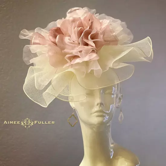 Kentucky Derby Hat Black White Organza Pale Pink Rose Flower Royal Ascot Del Mar