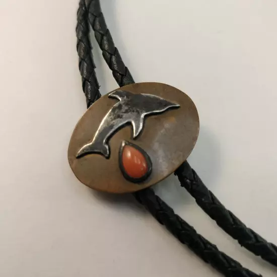 17" VTG Bolo TIE Copper Silver Dolphin Coral Black Leather Cord Lightweight 