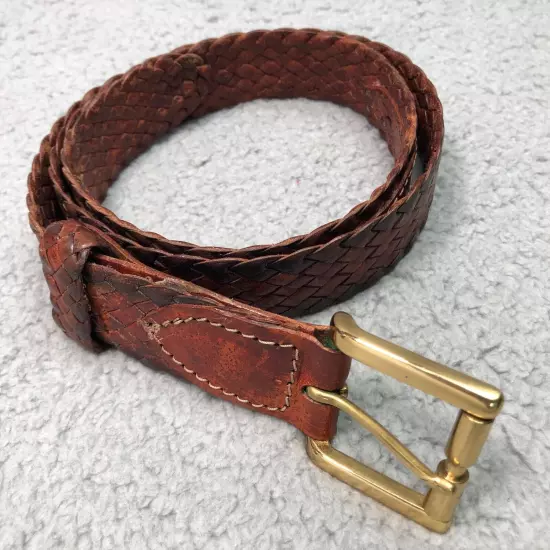 MENS Classic Leather Belt Size 30 Brown Woven Brass Buckle Casual Preppy