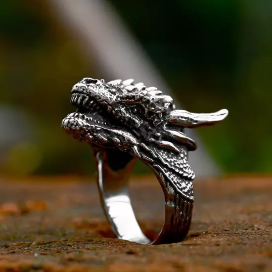 Men's Powerful Dragon Head Ring Stainless Steel Horn Dragon Vintage Biker Ring