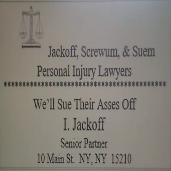 (15 Pack) Funny Joke Business Cards, Jackoff, Screwum, & Suem, Injury Lawyers