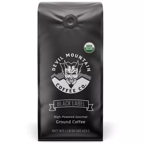 Devil Mountain Coffee Black Label Dark Roast Ground Coffee, Strong High Caffe...