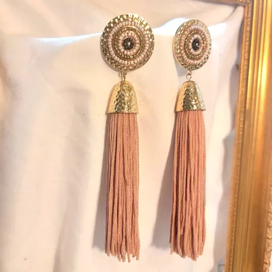 Champagne Pink- TASSLE Gold Tone Beaded Fringe Dangle Earrings 6 INCHES Pierced