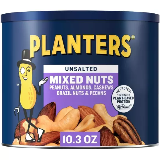 PLANTERS Roasted Unsalted Mixed Nuts, 10.3 oz Canister