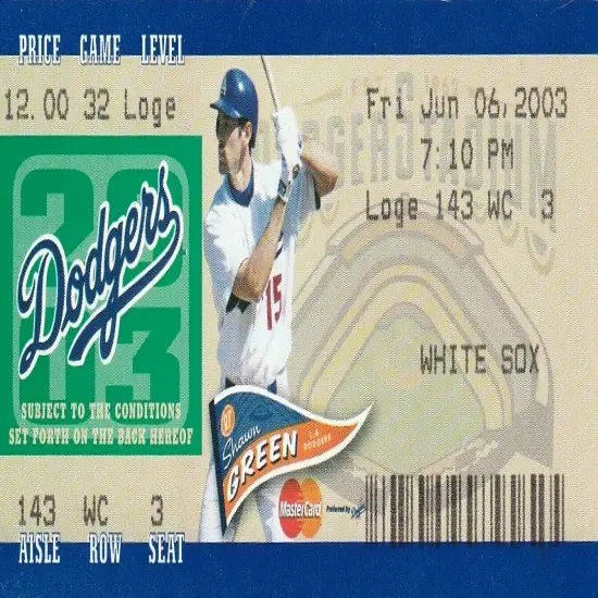 2003 LA Dodgers vs Chicago White Sox Ticket Stub Game 32 June 6 Shawn Green