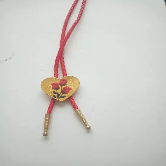 Heart Shape Bolo Tie W/Red Roses 18" 4mm Red Braided Cord W/1.25 " Gold Tips