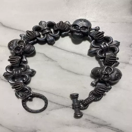 Biker / Criminal / Bad Ass Men’s Bracelet .925 Skull & Crown Huge & Heavy