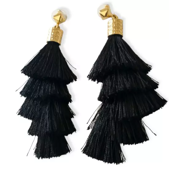 Tassel Dangle Earrings Long Witchy Black Gold Tone Lightweight Gypsy Boho Hippie