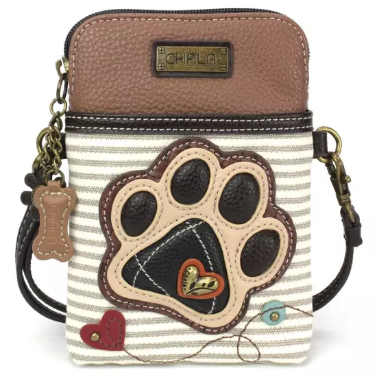 NEW CHALA DOG PUPPY PAW BROWN STRIPE CELL PHONE CROSSBODY PURSE ADJUSTABLE STRAP