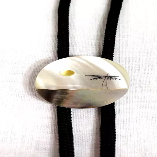 Vtg. Mother Of Pearl Bolo Tie Landscape Beach Scene West Coast Retro Accessory 