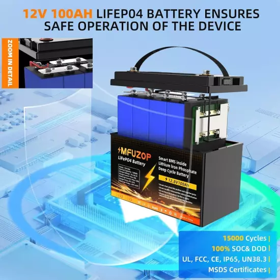 12V 100AH LiFePO4 Deep Cycle Lithium Battery for RV Marine Off-Grid Solar System