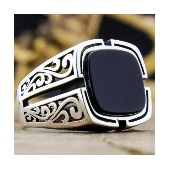 Solid 925 Sterling Silver Black Onyx Stone Turkish Handmade Luxury Men's Ring