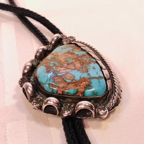 Vtg Bennett Silver Turquoise BOLO TIE w/ Leaf + Aiguillettes C-31 Pat. Pend.