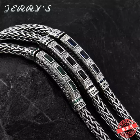 5.5MM Real 925 Sterling Silver Foxtail Chain Bracelet Mens Vintage CZ Jewelry