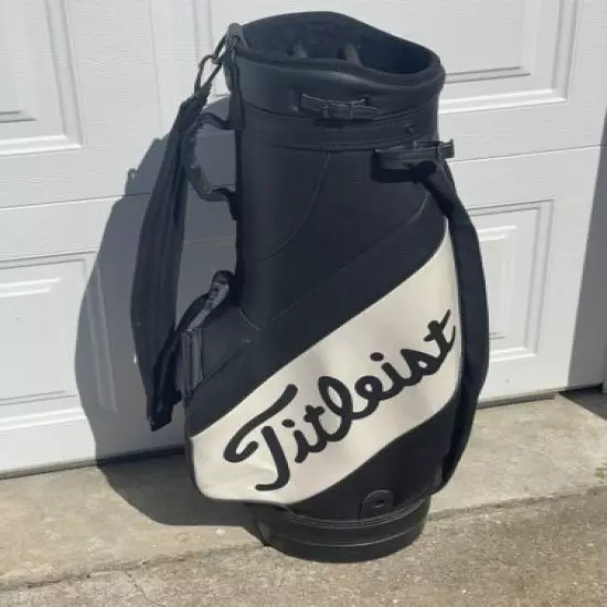 Titleist Vintage Staff Cart Golf Bag Black White Faux Leather w/ Rain Cover EUC