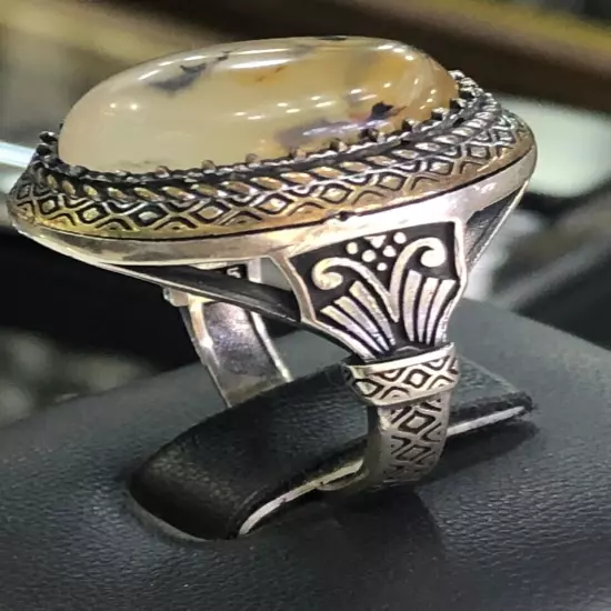 Agate Ring Men Silver 925,Yemen,Aqeeq,Rare,Royal,Luxuryخاتم عقيق يمني طحلبي