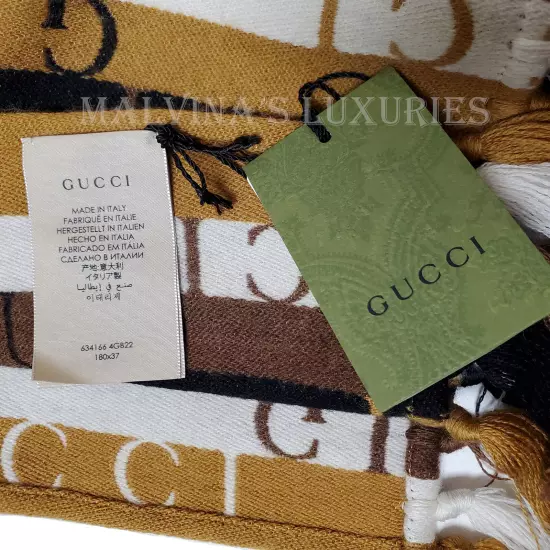 GUCCI SCARF 634166 LOGO STRIPED WOOL COTTON w FRINGE UNISEX 14.5" x 71"