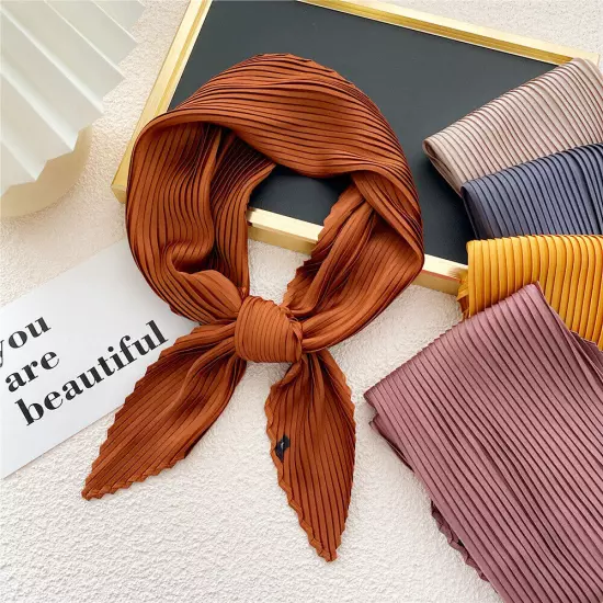 Women's Square Silk Pleated Head Hair Neck Scarf Satin Neckerchief Scarf