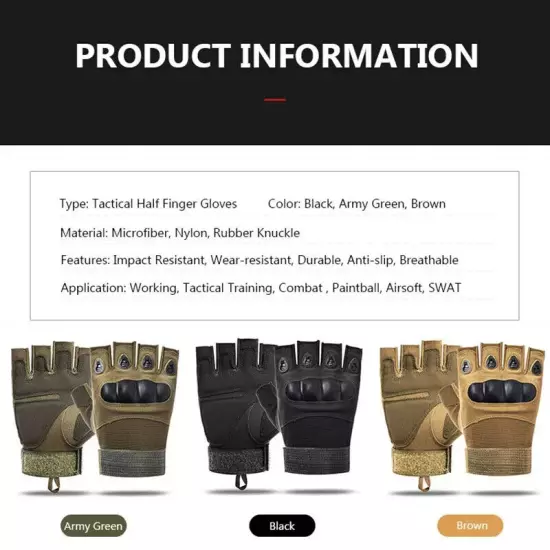 Military Tactical Leather Half Finger Gloves Combat Army Fingerless Gloves Work