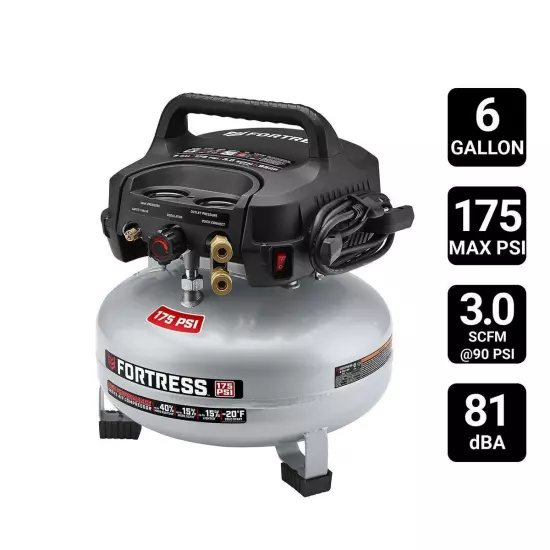 FORTRESS 6 Gallon, 175 PSI High Performance OilFree Pancake Jobsite AirCompresor