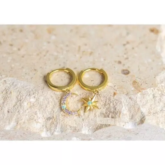 Celestial Moon Star Huggie Gold w/ Opal & Cubic Zirconia Dainty Hoop Earrings