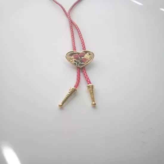 Heart Shape Bolo Tie W/Red Roses 18" 4mm Red Braided Cord W/2.04 " Gold Tips