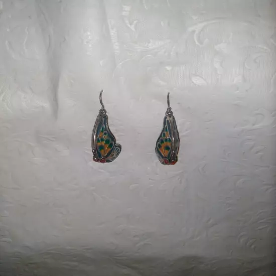  BUTTERFLY EARRINGS - SILVER TONE WITH MULTICOLORED ENAMEL 3-D