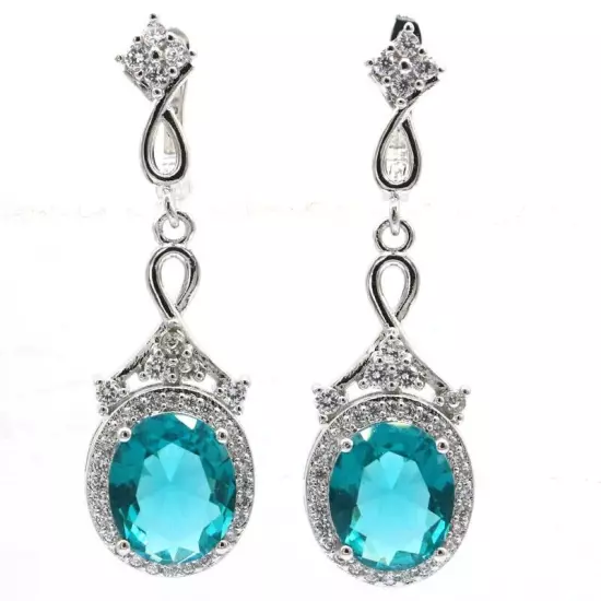 Beautiful Rich Blue Aquamarine White CZ Woman's Present Silver Earrings