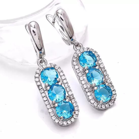 Blue Topaz & Cubic Zirconia Gemstone 925 Sterling Silver Earring 1.50" E76113