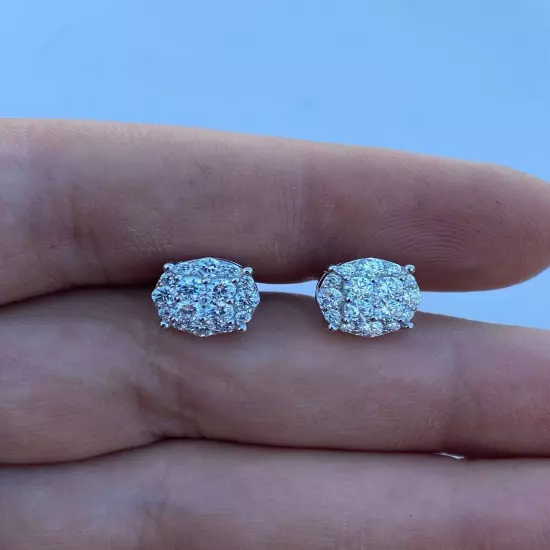 Real Solid 925 Silver Iced Simulated Diamonds Earrings 1/3" Cluster Round Studs