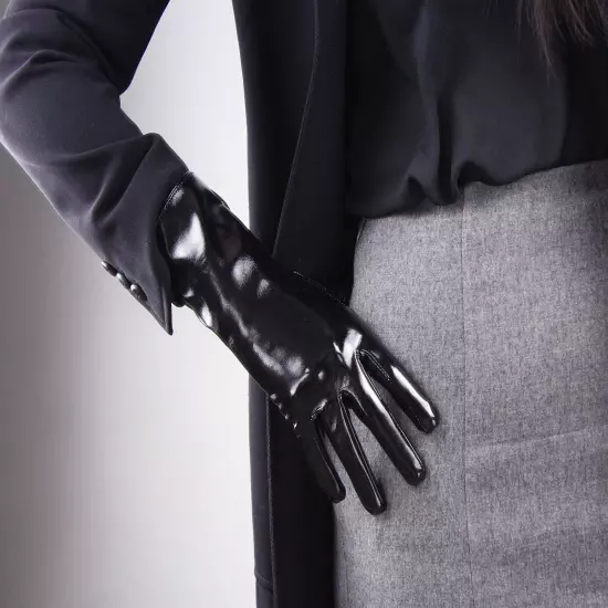 LATEX GLOVES Shine Leather Faux Patent Vegan PU 8" 21cm Short Basic Shine Black