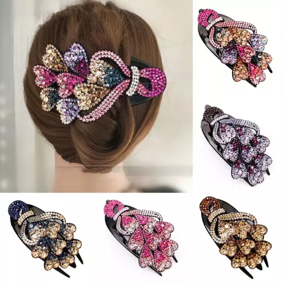 Ladies Rhinestone Double Flower Hair Clip Barrettes Crystal Comb Large Catch 1x-