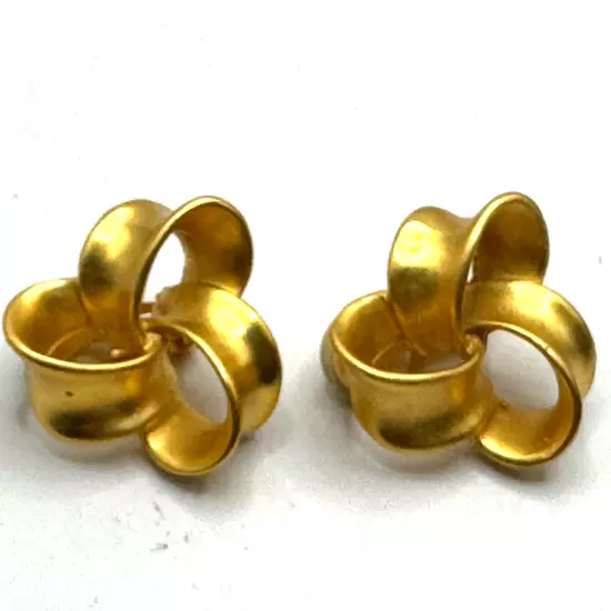 Anne Klein Clip On Earrings Brushed Gold Tone Knot Signed AK Vintage Puffy