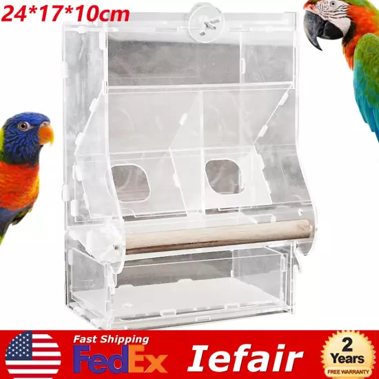 Clear Acrylic Bird Cage Feeder Double Hopper Wood Perches Automatic Feeder USA