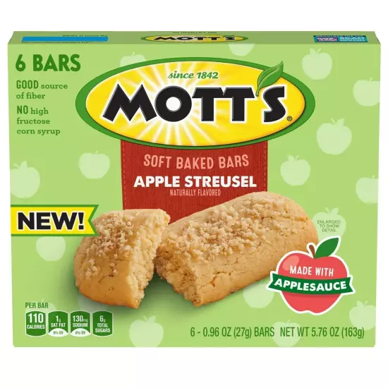 Lot of 4 Mott's Soft Baked Bars Apple Streusel Made With Applesauce, 6 Bars Each